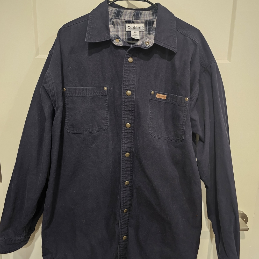 Carhartt Barn Jacket Navy Blue Plaid Lined Work Chore Coat Mens XL